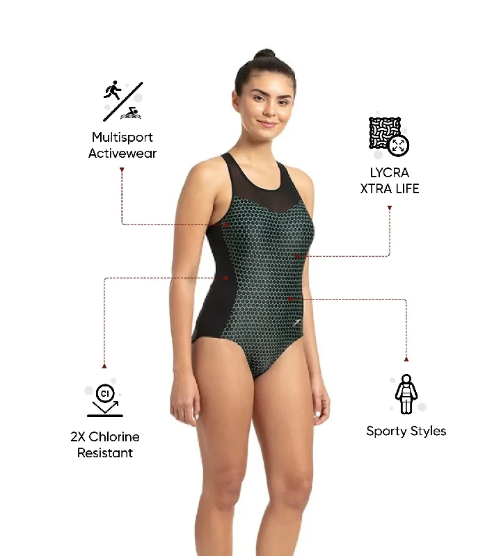 Women's Power Flex Mesh Panel One Piece Swimwear - Black & Greenglow