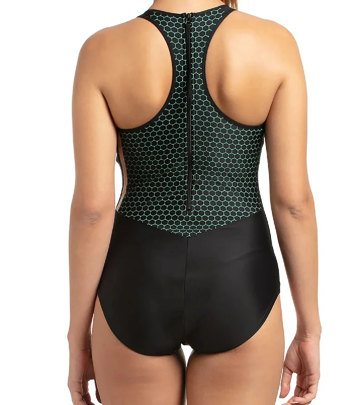 Women's Power Flex Mesh Panel One Piece Swimwear - Black & Greenglow