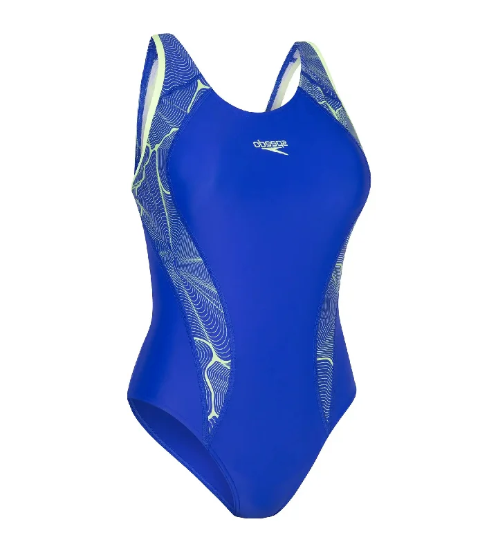 Women's Endurance 10 Side Panel Print Laneback One Piece Swimwear - Chroma Blue & Bright Zest