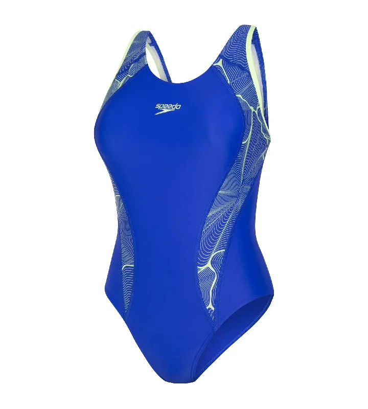 Women's Endurance 10 Side Panel Print Laneback One Piece Swimwear - Chroma Blue & Bright Zest