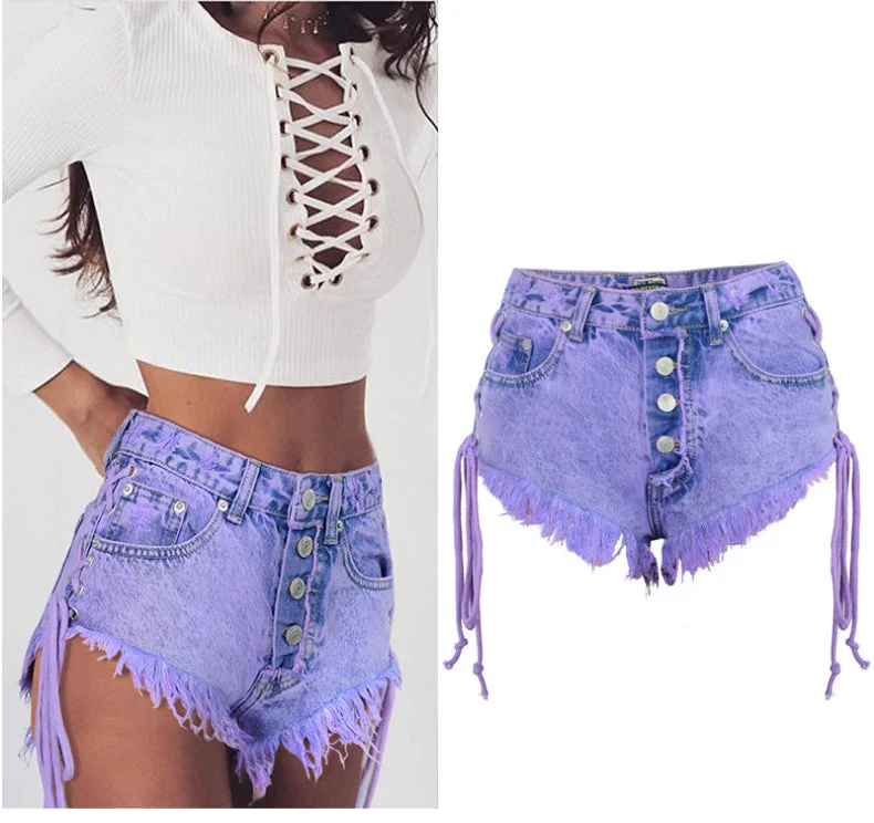 Side Tie up High Waist Denim Shorts