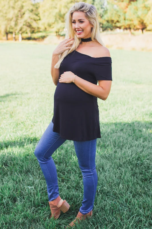 Black Off Shoulder Short Sleeve Maternity Top