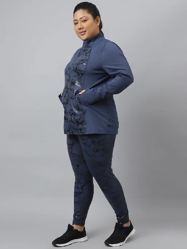 Fitkin Plus Size Anti-Odor Four Way Stretch Navy Front Zipper Tracksuit