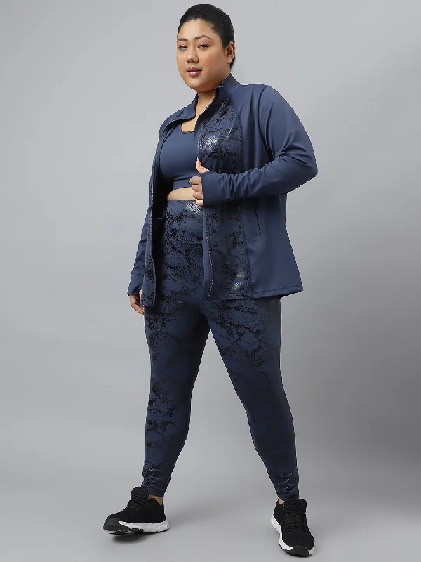 Fitkin Plus Size Anti-Odor Four Way Stretch Navy Front Zipper Tracksuit