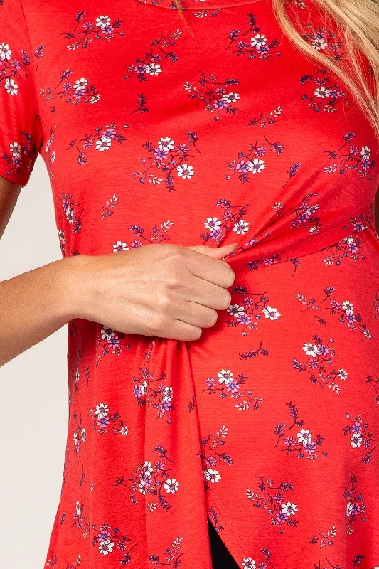 Red Floral Draped Maternity/Nursing Top