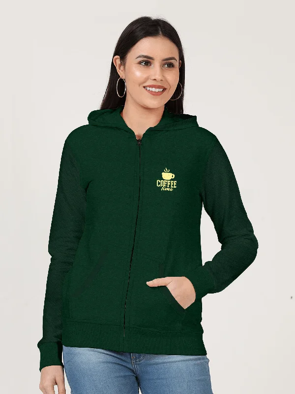 WOMEN'S GREEN ZIP-THROUGH HOODIE